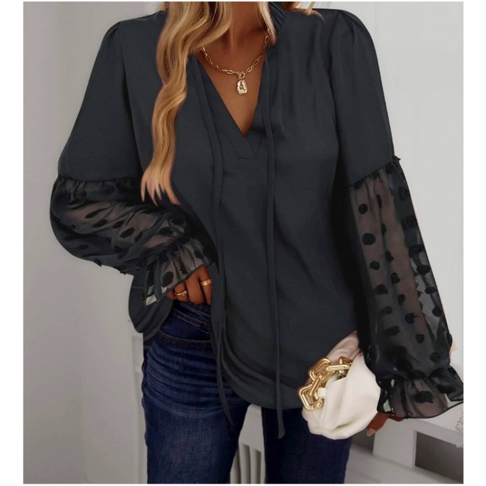 Black Swiss Dot Sheer Sleeve Ruffle Blouse S M L XL XXL